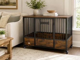 Dog Crate Furniture Heavy Duty Wooden Dog Kennel with 5 Wheels for Medium to Large Dogs, Rustic Brown