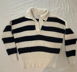 Madewell XS V-Neck Striped Merino Wool Collared Pullover Sweater Navy Blue Cream