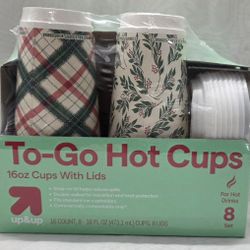 8 Piece Set Up + Up To Go Hot Cups 16 oz Cups With Lids For Hot Drinks New