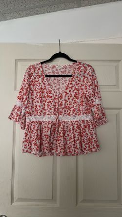 Red Floral Peplum Blouse with Lace Trim small