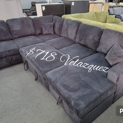 ✅️✅️4 pc Black corduroy fabric sectional sofa with storage chaise and love seat and pop up sleep area in center USB charging✅️