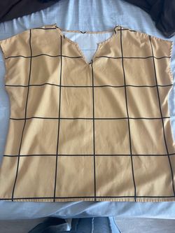 Tan Business Casual Grid Pattern V-Neck Top Large