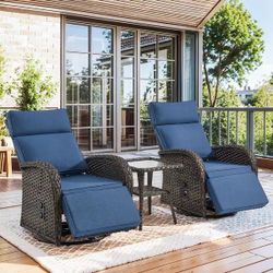 Pocassy Reclining Patio Chair with Adjustable Backrest - 2 Swivel Chairs with Table - Blue Cushion