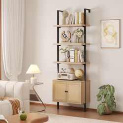 Ladder Bookshelf, 4 Tier Book Shelf with Rattan Cabinet, Wall Mount Bookshelves and Bookcases with Metal Frame, Anti Dump, Tall Bookcase for Living Ro