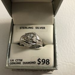 Sterling Silver 1/4ctw Natural Diamond Ring Finger Size 7 