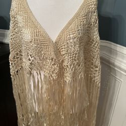 Shawl vintage “ Mantón” beige silk crochet strands handmade  60” 