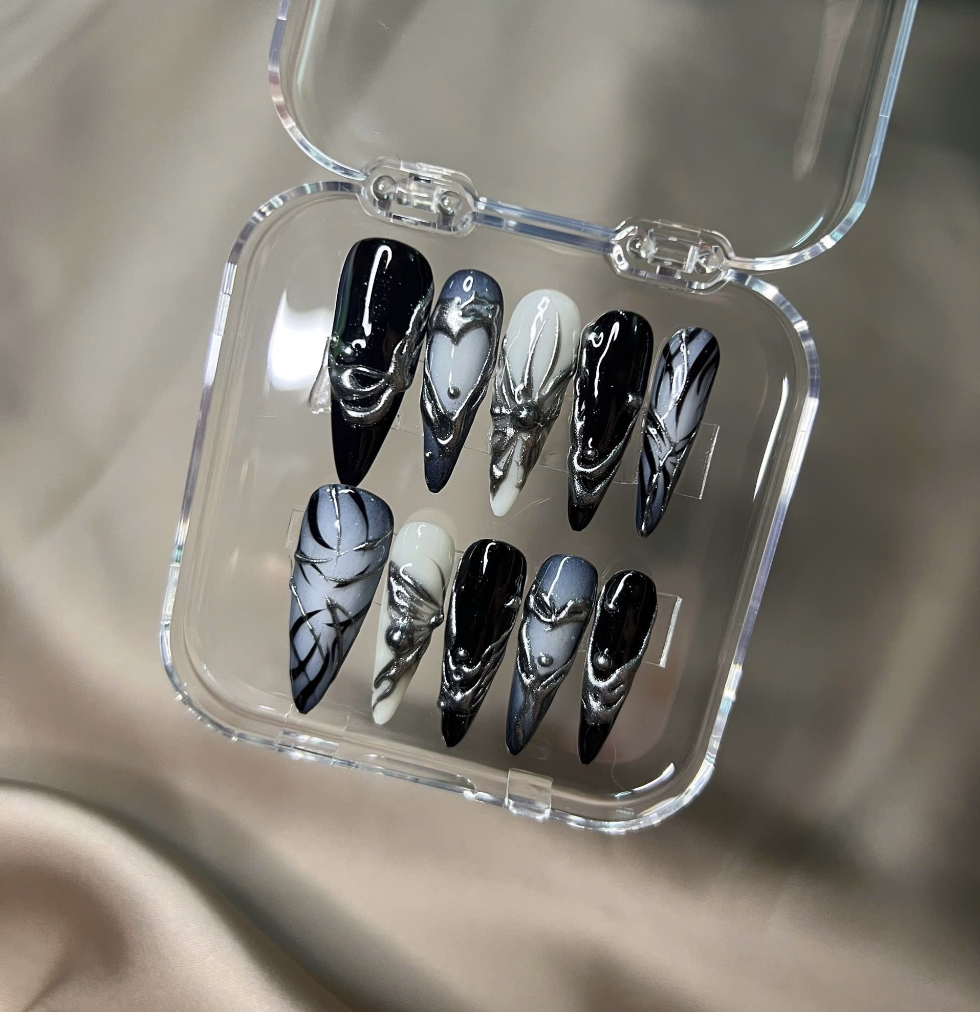 Black & Silver Abstract Chrome Press-On Nails – Long Stiletto, Handmade Edgy Nail Art
