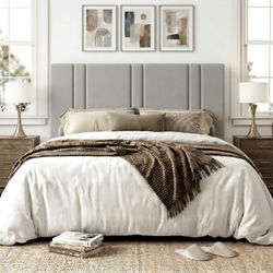 Full Bed Frame, Platform Bed with Upholstered Velvet Adjustable Headboard, Wooden Slats, Easy Assembly, Grey