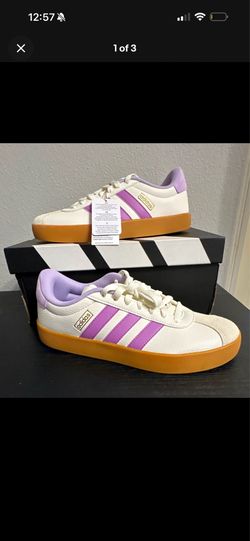 adidas Women’s Low Top Leather Lace-Up Sneakers White Purple Gum Rubber Sole