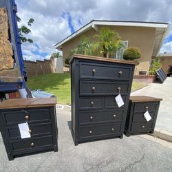 3-piece Set Includes: 2 Nightstands and Chest
