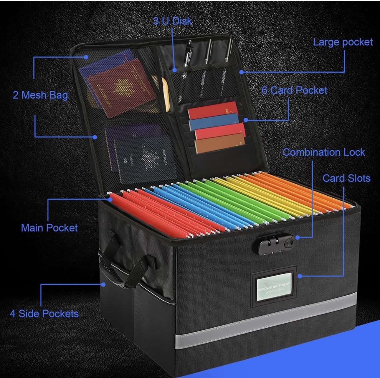 EXLIFBAG Portable File Storage Box with Lock, Document Organizer Box, Collapsible Portable File Box Home Office File Cabinet with Handle for Hanging L