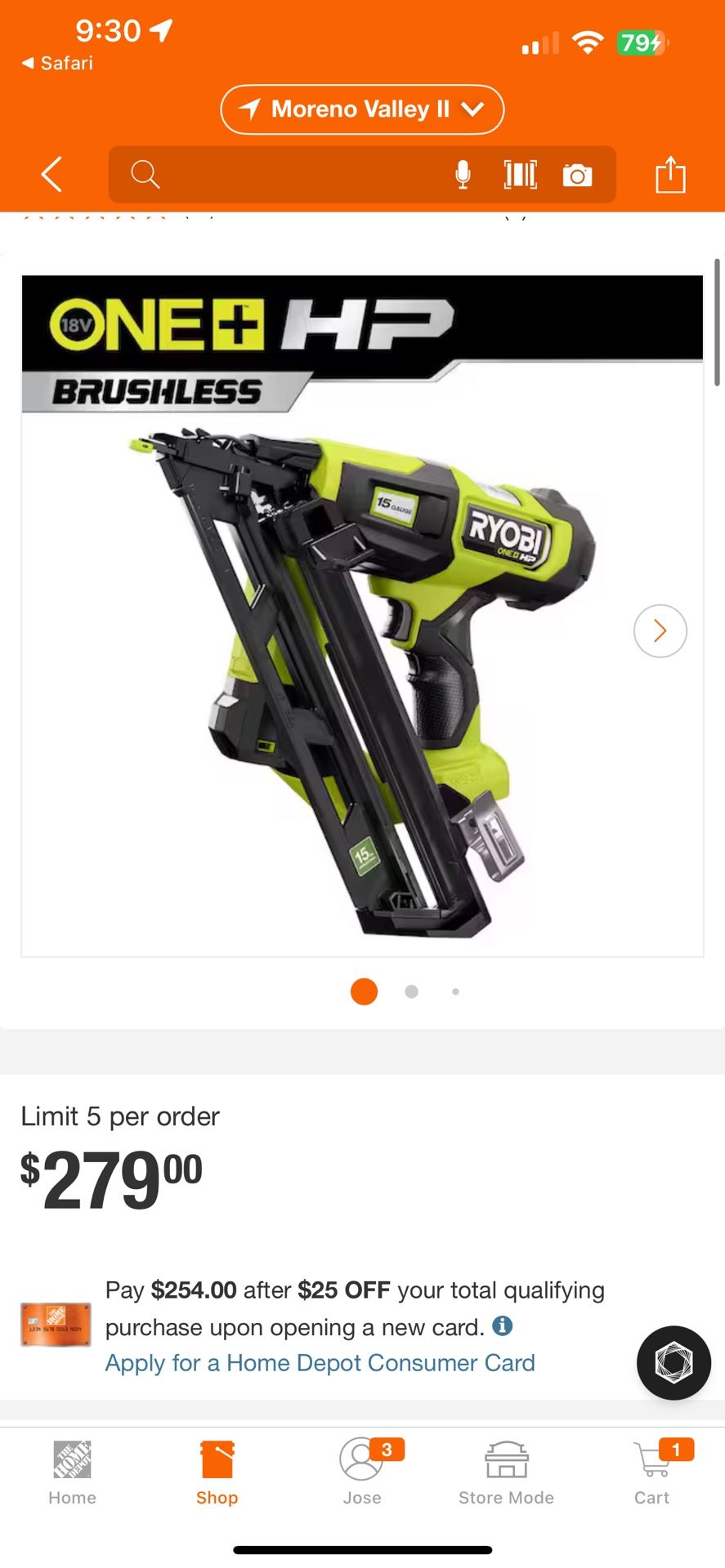 RYOBI ONE+ HP 18V Brushless Cordless 15-Gauge 34° Angled Finish Nailer (Tool Only)(1-1/4” to 2-1/2”)