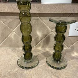 Vintage Handblown Set of 2 Green Art Glass Bubble Stem Pillar Candle Holders