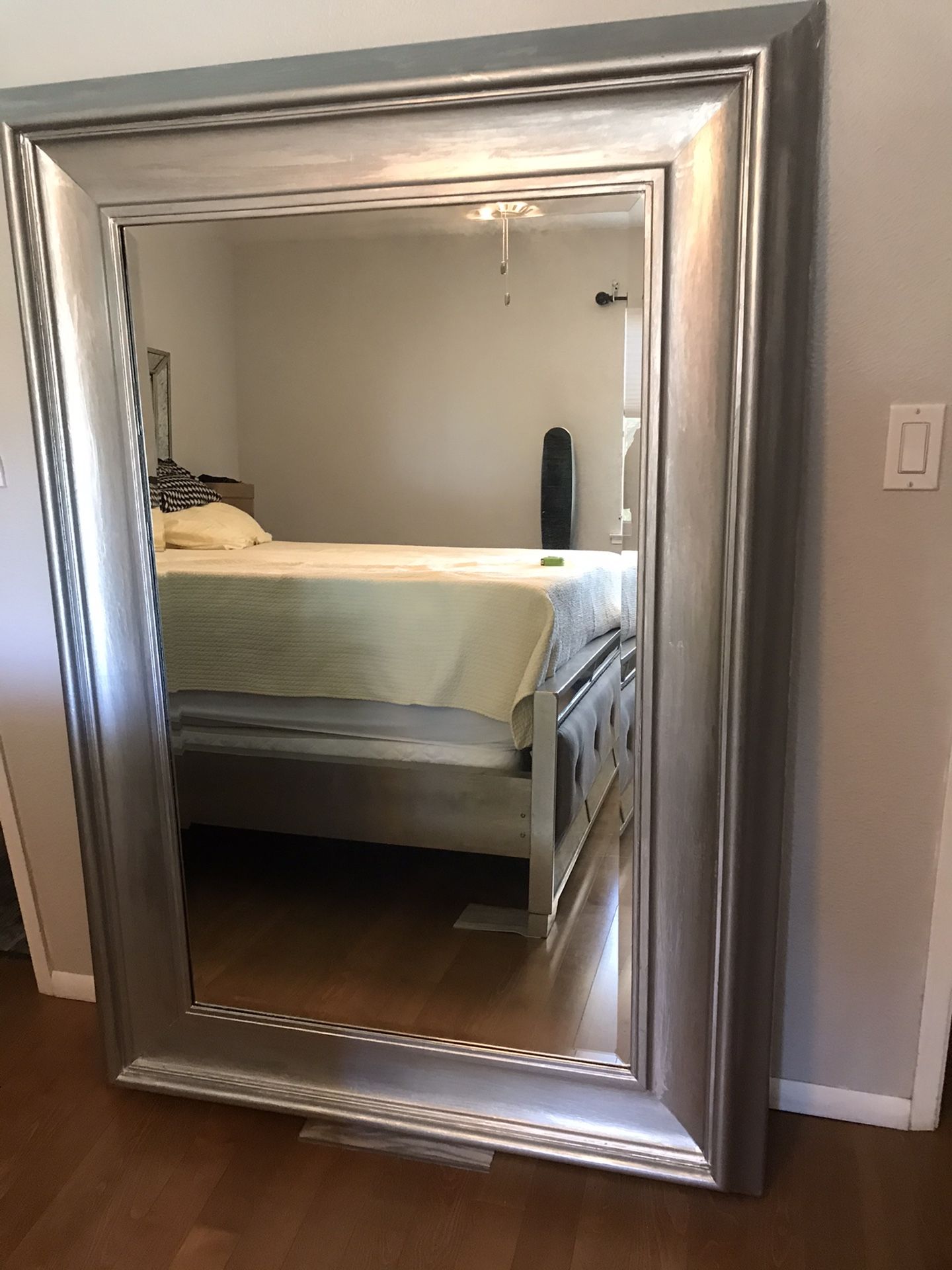 Floor full body mirror in good condition normal wear newly painted silver measurements: 45 inches wide ; 5ft 4inches tall