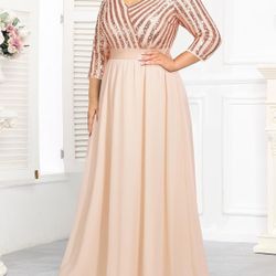 Womens Plus Size Formal Dresses - V Neck 3/4 Sleeve Sequin Prom Evening Gowns Long Max Dress Size L  New With Tags