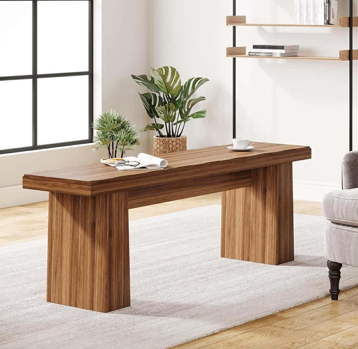 47-Inch Entryway Bench, Farmhouse Wood Bench Dining Table Bench with Sturdy Frame, Easy Assembly (Brown)