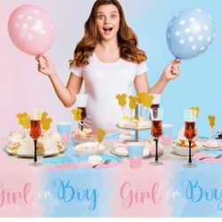 Baby Gender Reveal Party Supplies, Boy or Girl Disposable Paper Plates Napkins Cups Tablecloth for Baby Shower Decorations, Serve 25