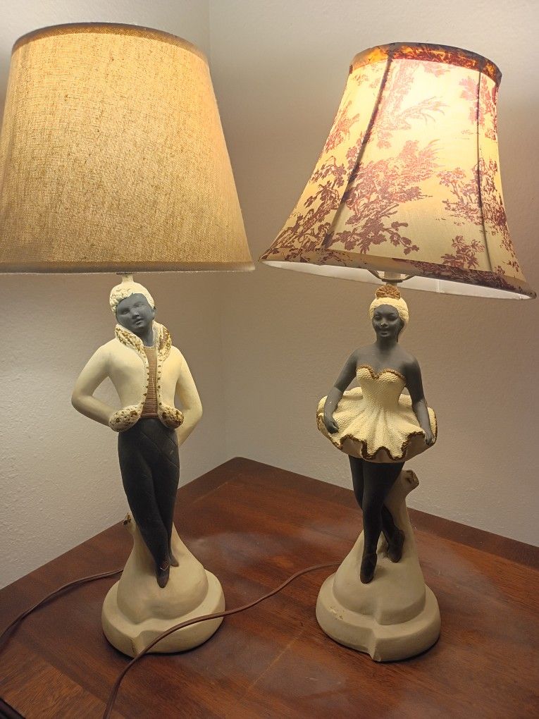 Pair Of Vtg Vintage Chalkware Dancers Lamps MCM