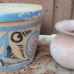 2 SMALL Terracotta Planters.Painted Pot&a bowl shape wide rim weathered patina unglazed, porous clay