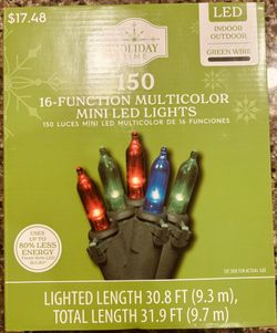 New -  Holiday Time 150-Count 16-Function Multicolor LED Mini Christmas Lights, with Green Wire, 31.9 feet