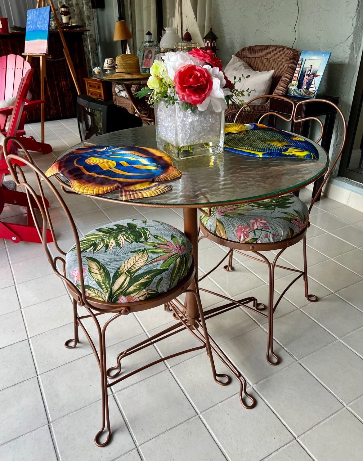 Vintage bistro table with two chairs.