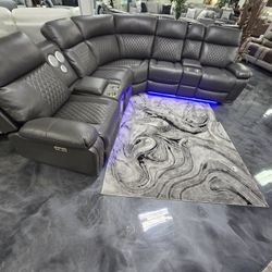SPEAKER LEATHER GREY BRAND NEW RECLINING SECTIONAL SAME DAY DELIVERY 