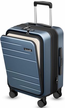 LUGGEX Front Pocket Expandable Carry On Luggage, Blue, 20" 22x14x9 Airline Approved, 100% PC Hard Shell, 16" Laptop Compartment, TSA Approved, 360°Spi