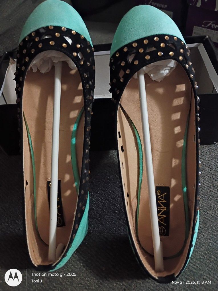 Anna Teal, Black, And Gold Rhinestone Flats