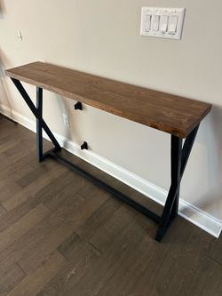 Narrow Console/Entryway Table — Wood Top with X-Frame Metal Legs