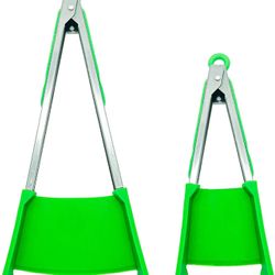 Creative food holder 2 in 1 spatula and tongs multifunctional non-stick silicone spatula kitchen food grade heat resistant Stainless Steel Frame (Gree