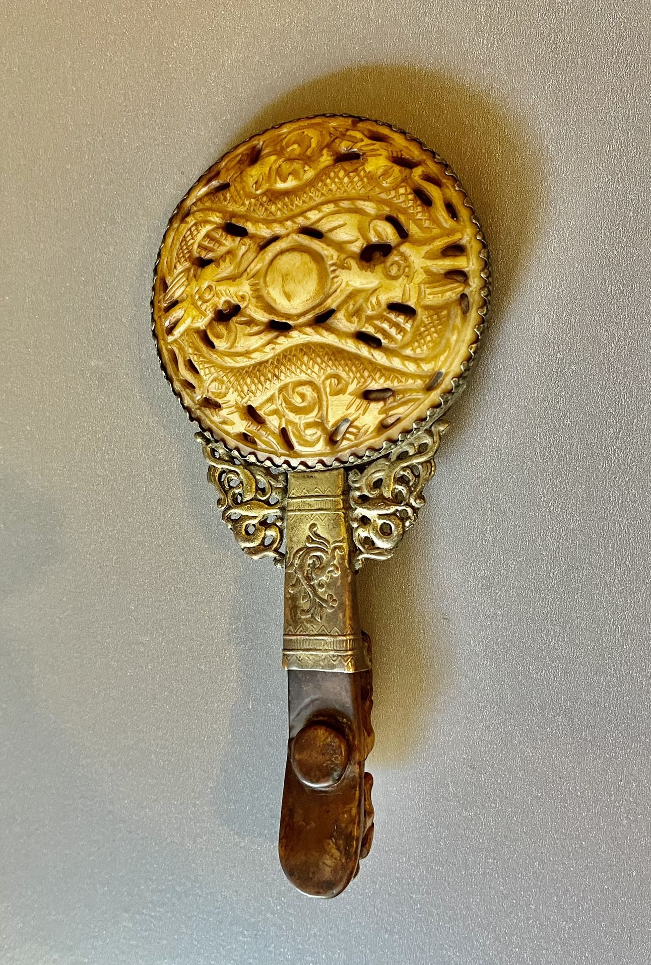 Vintage/Antique Chinese Hand Mirror, Carved Jade 9”