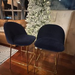 Bar Stools Set of 2, Velvet with Gold Legs