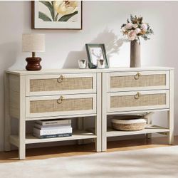 Night Stands Set of 2 for Bedroom, Large Bedside Tables with Drawer & Open Shelf, Wide Boho Rattan N