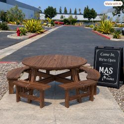 New 8 Person Wooden Round Picnic Table Set with 4 Built-in Benches and 2" Umbrella Hole