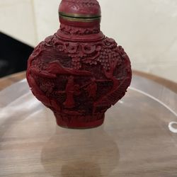 Antique Cinnabar Bottle Chinese Hand Carved w/Stopper & Original Spoon 2.25”