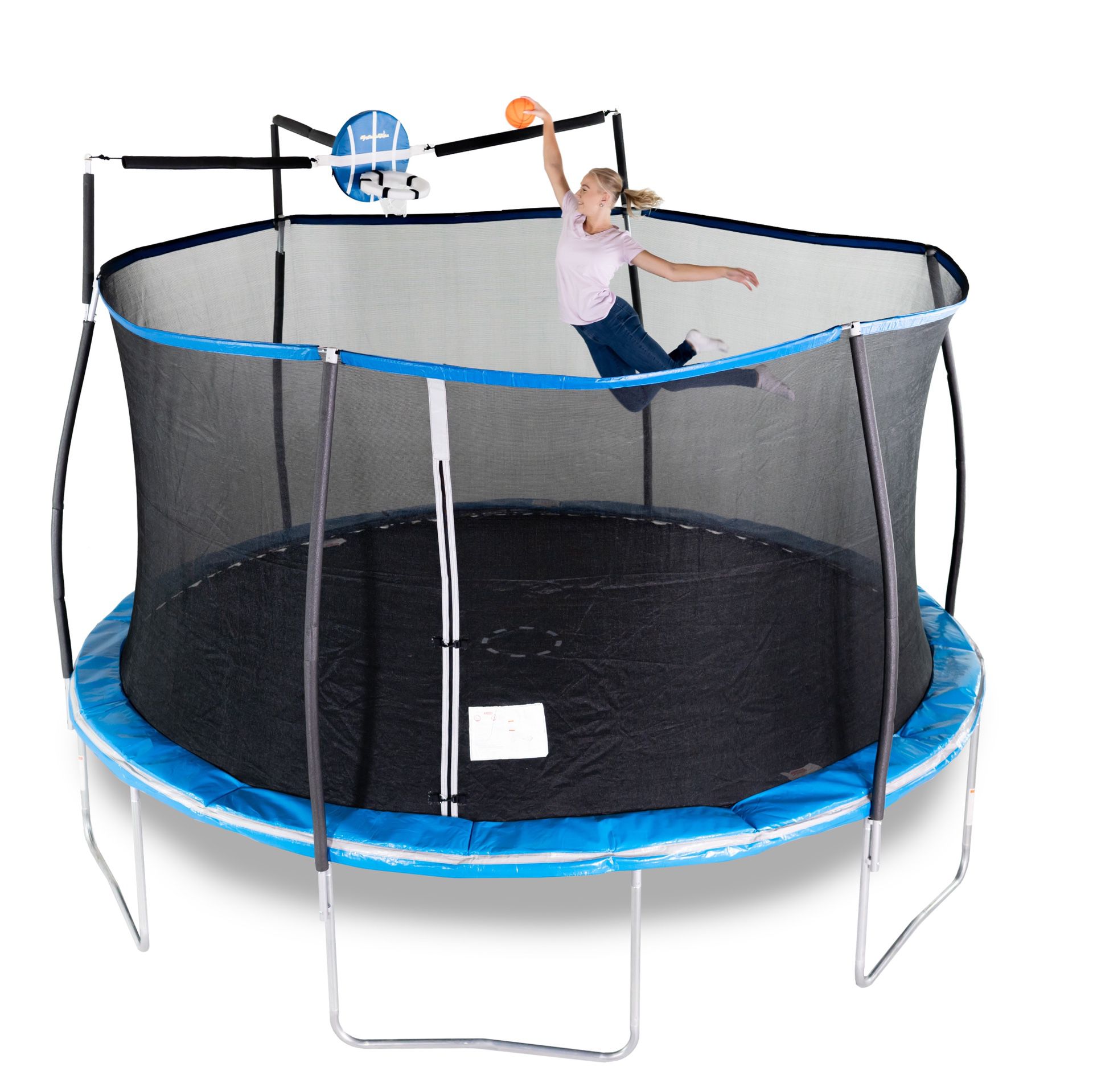 Bounce Pro 14' Trampoline Blue with Safety Enclosure Basketball Hoop