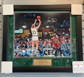 Larry Bird Boston Celtics Signed 16x20 Photo Shooting Over Jordan Framed To 23x27; Beckett COA