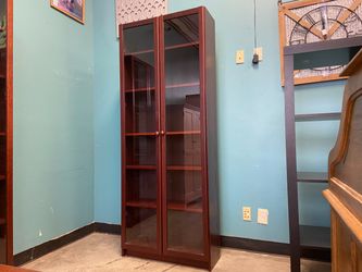 Tall Cherry Stained 6 Shelf Bookcase with Glass Doors