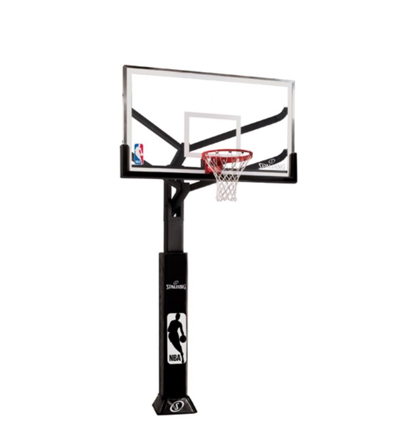 Spalding arena view in ground basketball hoop with 72 inch glass backboard