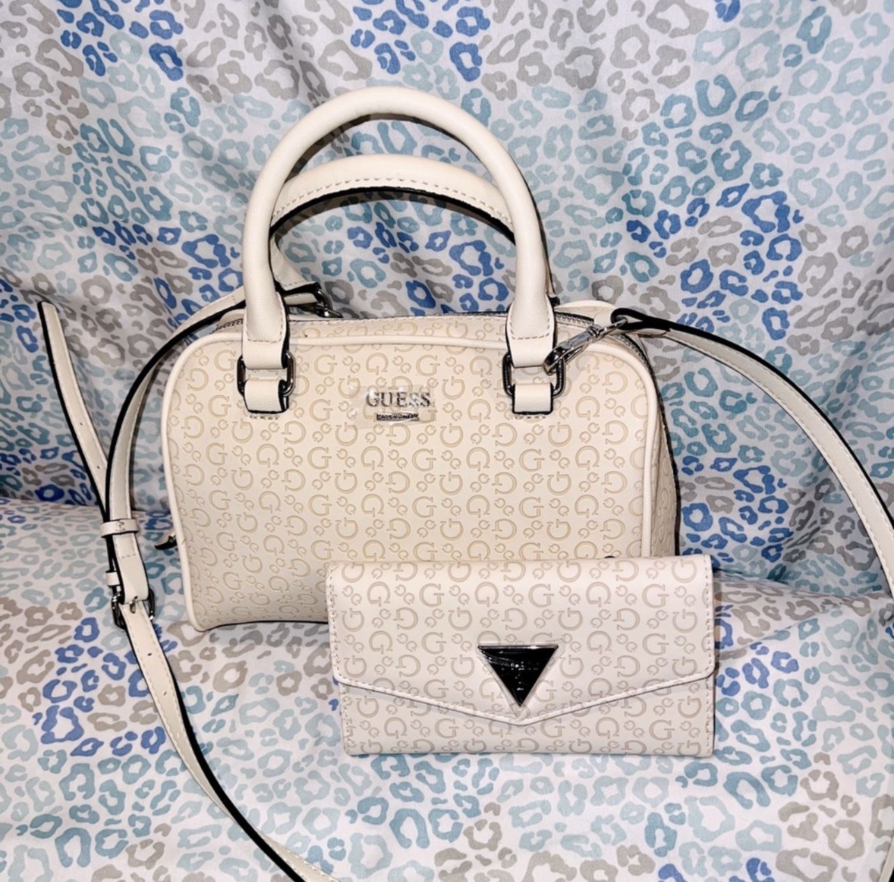 New GUESS Purse + Wallet MATCHING SET Bag Satchel Crossbody Stone Beige White