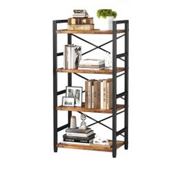 Homeiju 4 Tier Metal Bookshelf Small Bookcase Rustic Brown Organizers and Storage Book Shelf Organization and Storage for Living Room Bedroom