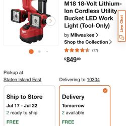 M18 18-Volt Lithium-Ion Cordless Utility Bucket LED Work Light (Tool-Only)or(with New battery option