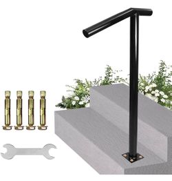 Single Post Handrail, 1-2 Step Handrails-Outdoor Stair Rail-Single Post Wrought Iron Handrail with DIY Tool Kit, 38" H Black Hand Rail Powder Coating 