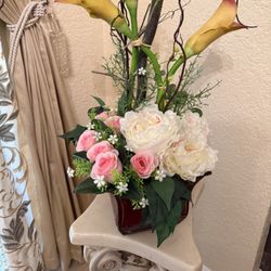 Handmade Artificial Floral Arrangement With Two-tone Yellow and Reddish Lilies, Pink Roses, White Peonies With Pink highlights, and Various Other Flow