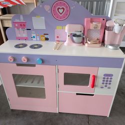 2-in-1 Kids Play Kitchen and Cafe Restaurant Wooden Pretend Cooking Playset Toy Pink