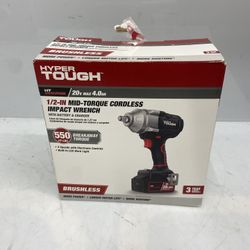 Hyper Tough 20V Max Brushless 1/2-inch Mid-Torque Cordless Impact Wrench with 4.0Ah Lithium-Ion Battery and Charger