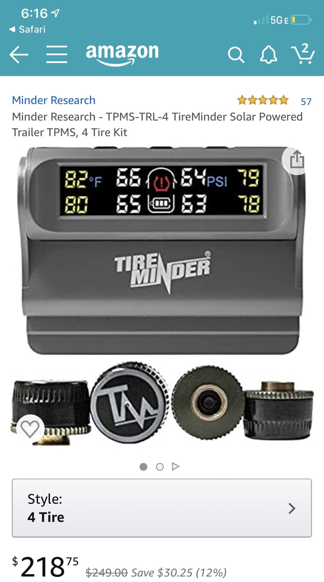 TireMinder Solar Powered Trailer Tire Pressure Monitoring System , 4 Tire Kit