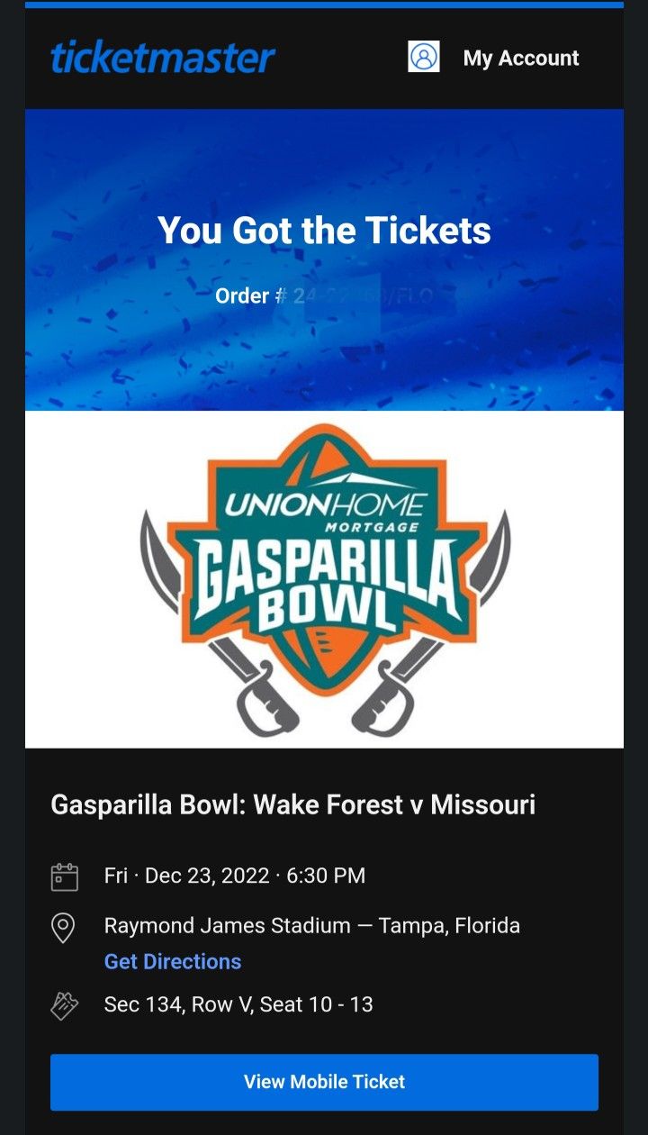 4 TICKETS GASPARILLA BOWL MU VS WAKE FOREST