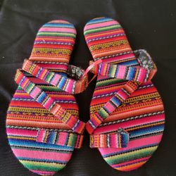 handmade Peruvian fabric sandals with colorful striped patterns