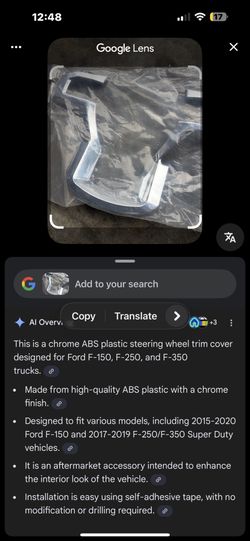 chrome ABS plastic steering wheel trim cover designed for Ford F-150, F-250, and F-350 trucks.  Made from high-quality ABS plastic with a chrome finis